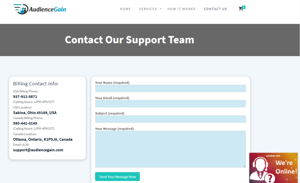 Audience Gain Contact page