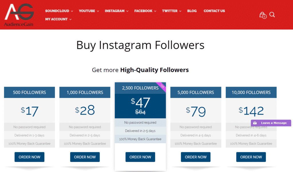 AudienceGain.net Instagram followers page